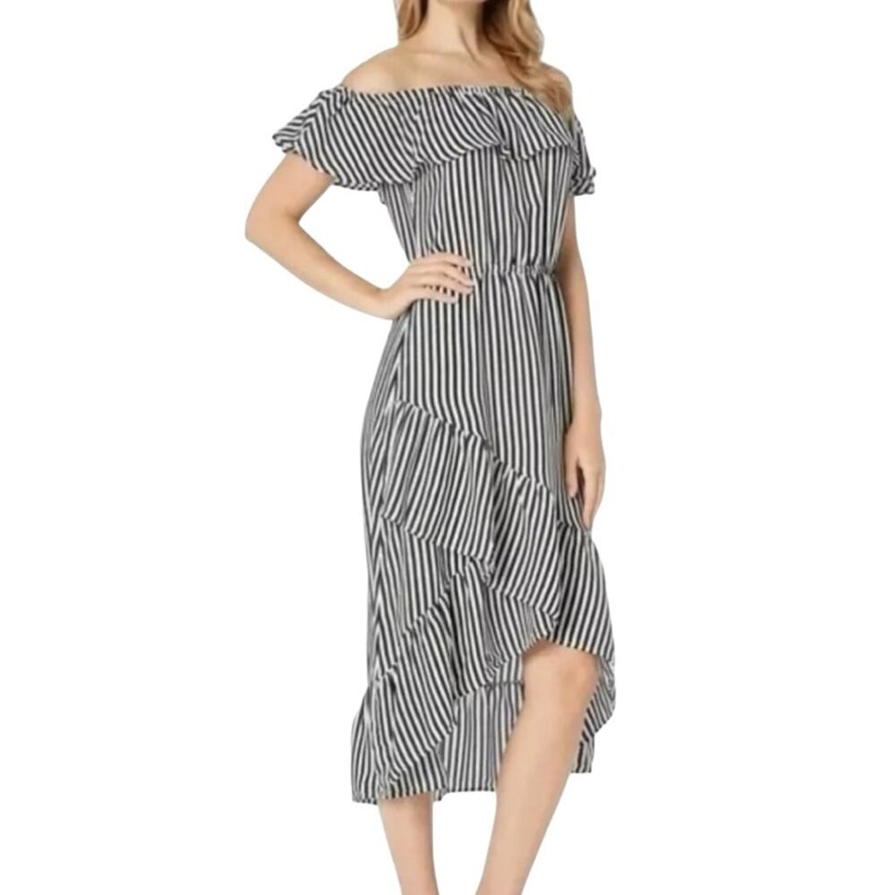 Tommy Bahama Palm Party Dress XS Black White Stripe Off Shoulder High Low